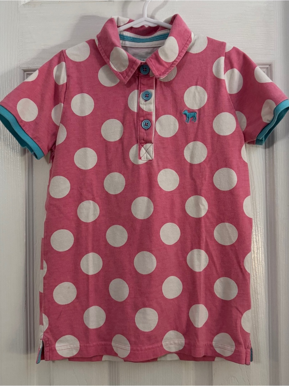Mini Boden Girl Pink With White Polka Dot Polo and Teal Trim 100% Cotton